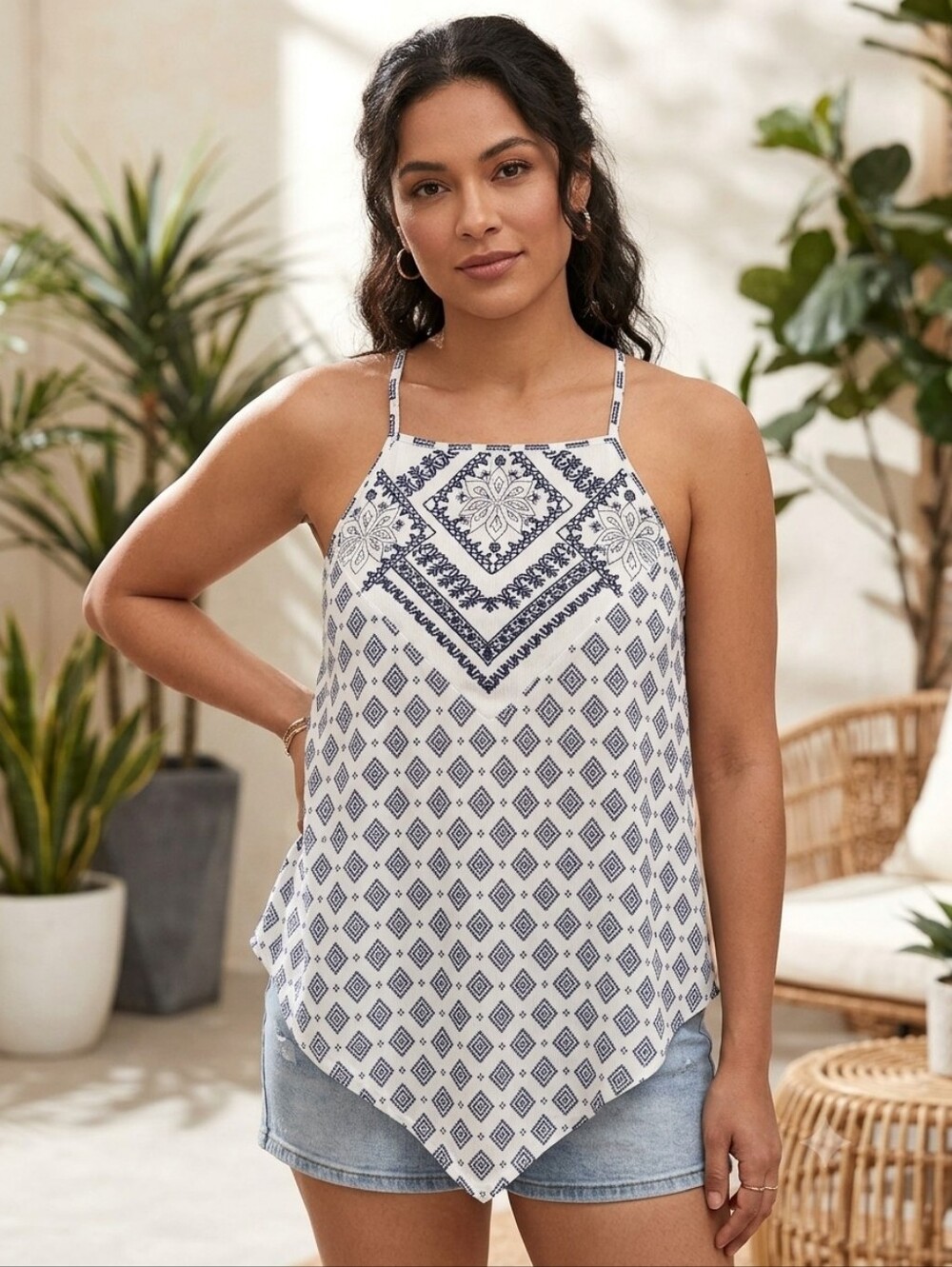 ABOUT A GIRL Embroidered Boho Cami Tank Top XS Blue White Geometric Layered